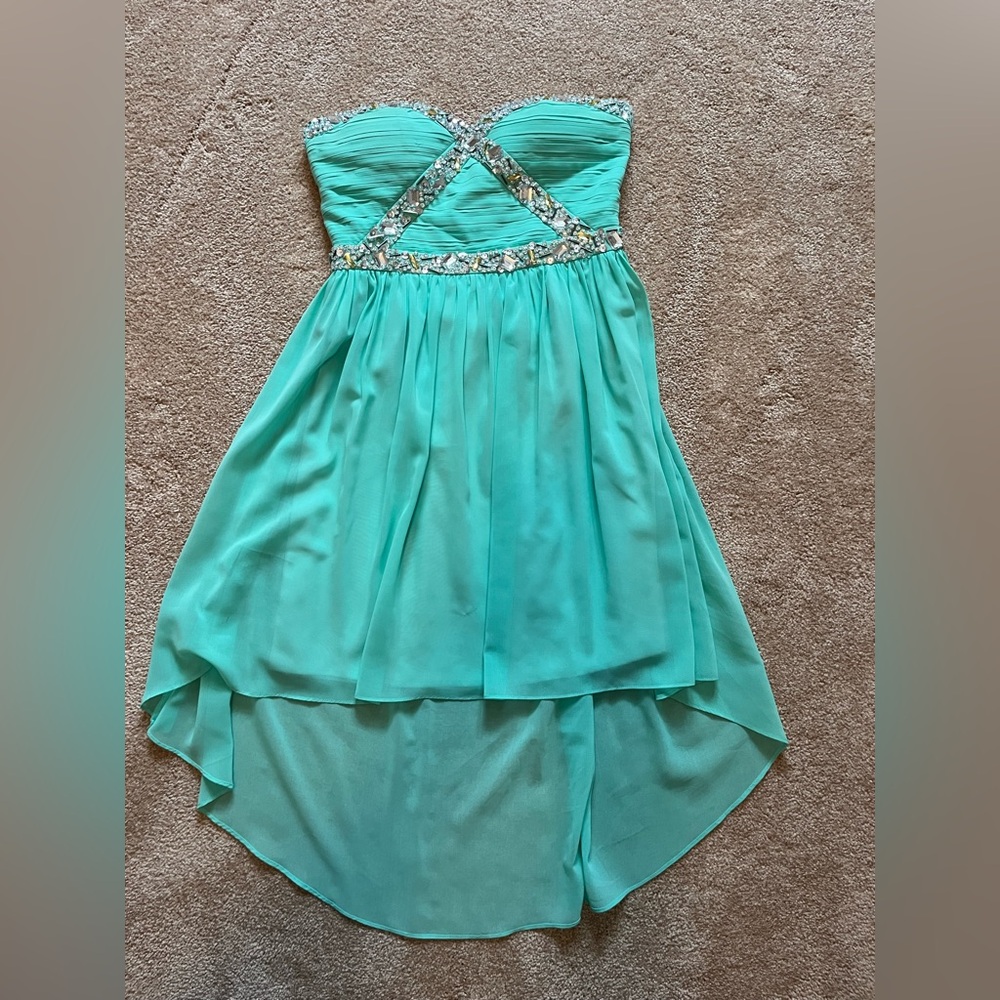 Minuet Teal Strapless High-Low Chiffon Dress with Crystal Trim